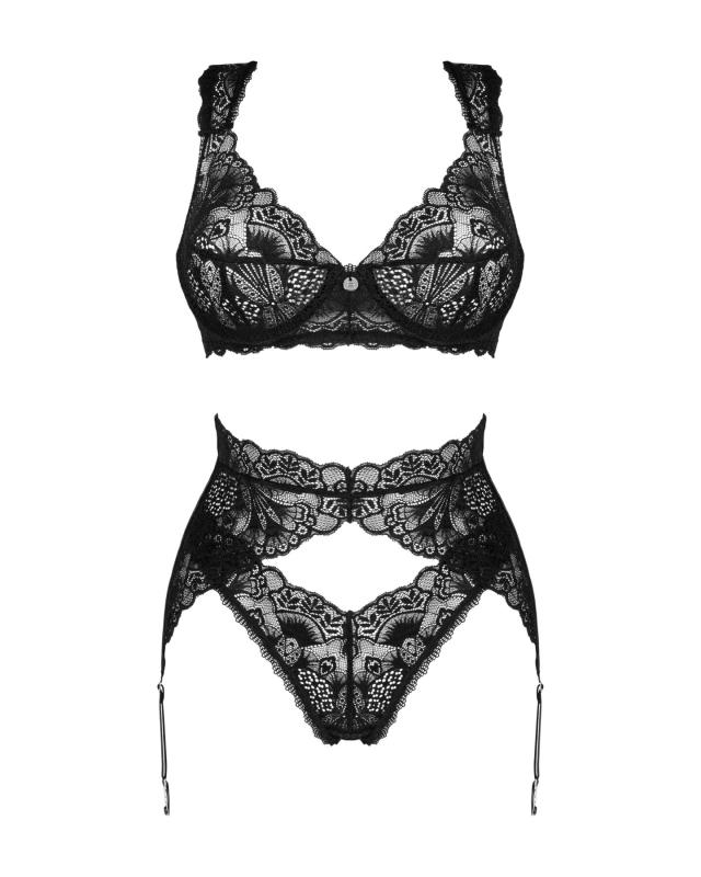 SO8636 Комплект белья Obsessive Donna Dream 3-pcs set XS/S Black, бюстгальтер, стринги, пояс для чулок