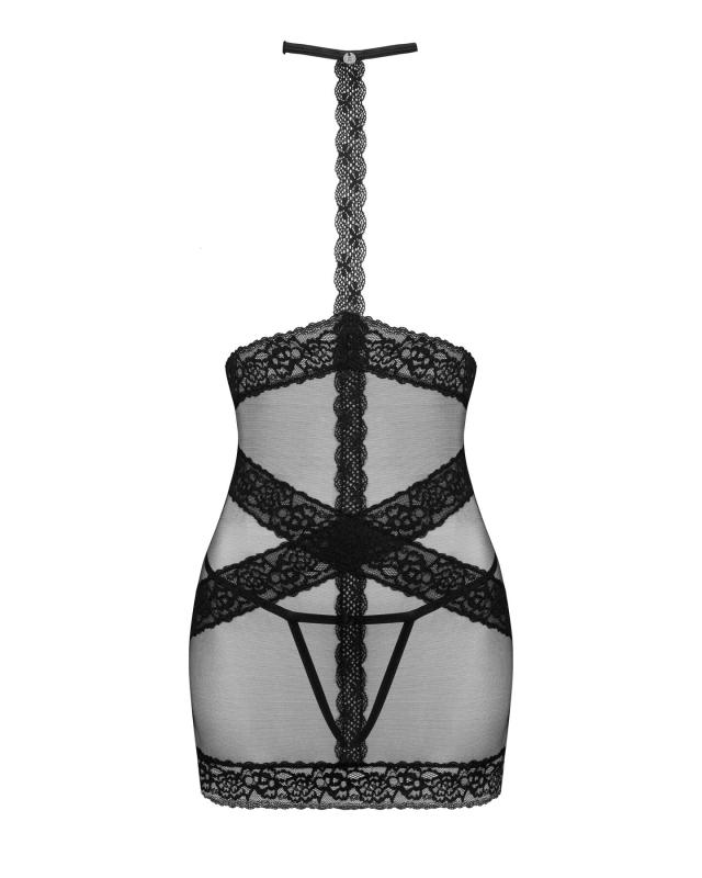 SO7288 Полупрозрачная сорочка с открытой грудью Obsessive Lacrisia chemise XL/2XL, черная, с чокером
