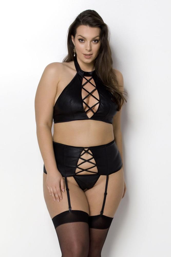 SO7106 Комплект из экокожи Passion Nancy Set 4XL/5XL black, имитация шнуровки, топ, пояс для чулок