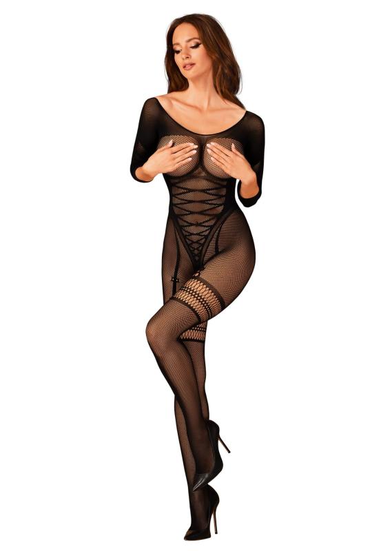 SO7693 Сетчатый бодистокинг с имитацией подвязок Obsessive Bodystocking G329 S/M/L, black, с доступом