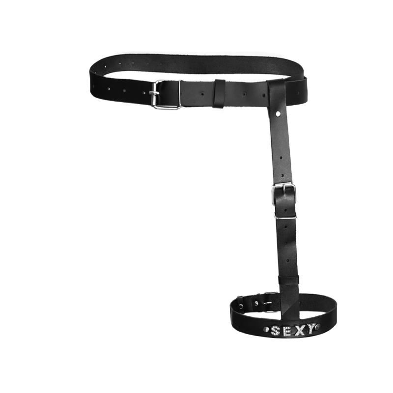 SO7372 Гартер на ногу Art of Sex - Naomi з написом SEXY, натуральна шкіра, розмір XS-2XL, колір чорний