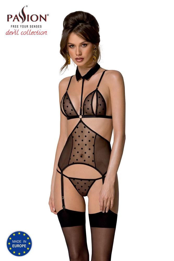 SO8435 Корсет з відкритими грудьми Passion DOMINICA CORSET XXL/XXXL black, пажі для панчіх, стрінги