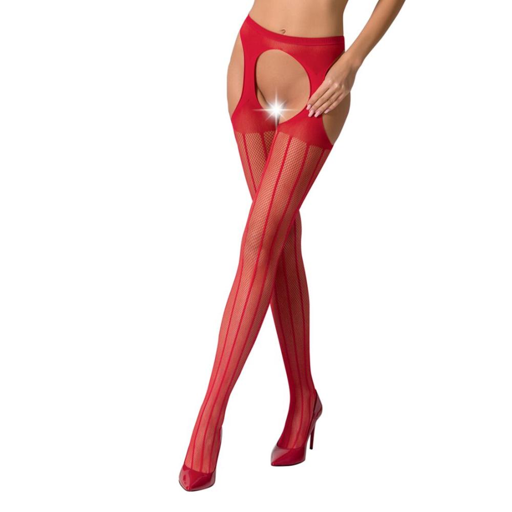 PSS018R Еротичні колготки-бодістокінг Passion S018 red, імітація панчох з вертикальними смужками та пояс