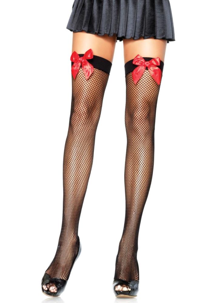 SO8597 Панчохи-сітка з атласним бантиком Leg Avenue Fishnet Thigh Highs One size Black With Bow Red