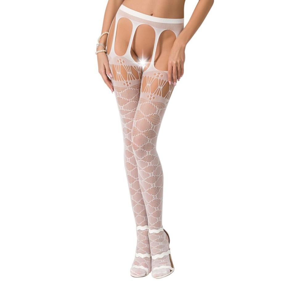 PSS025W Эротические колготки-бодистокинг Passion S025 white, имитация ажурных чулочков с пояском