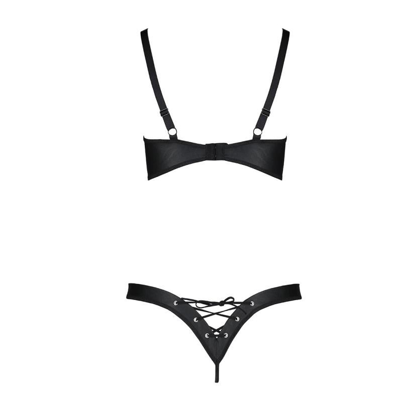 SO6401 Комплект из экокожи CELINE BIKINI black S/M — Passion: открытый бра с лентами, стринги со шнуровкой