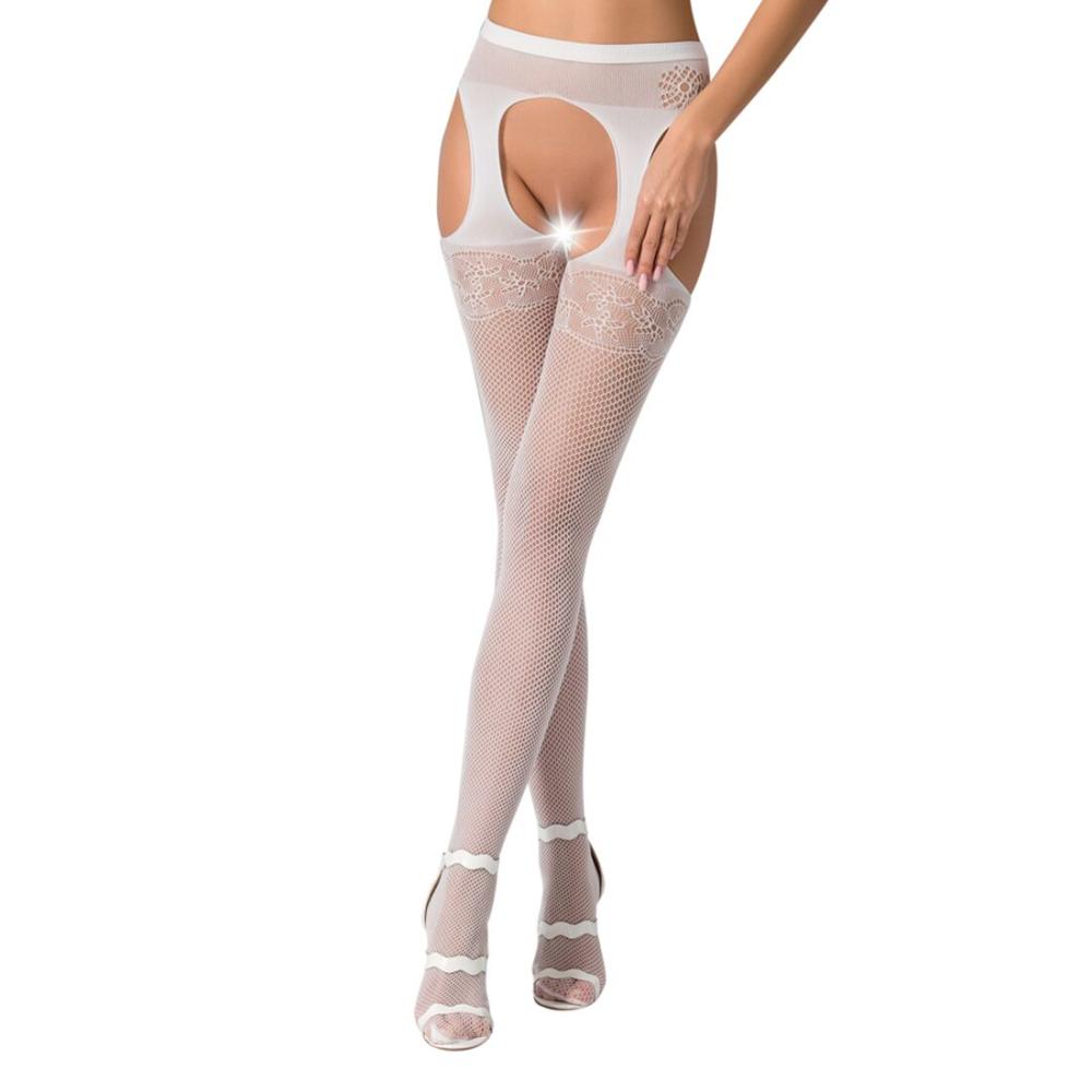 PSS005W Еротичні колготки-бодістокінг Passion S005 white, імітація панчіх та пояса для панчіх