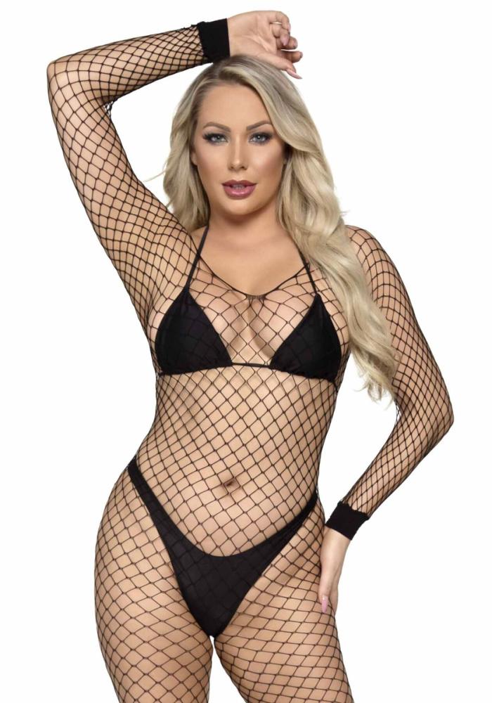 SO8614 Бодістокінг у велику сітку Leg Avenue Long Sleeved Bodystocking One size Black, довгий рукав