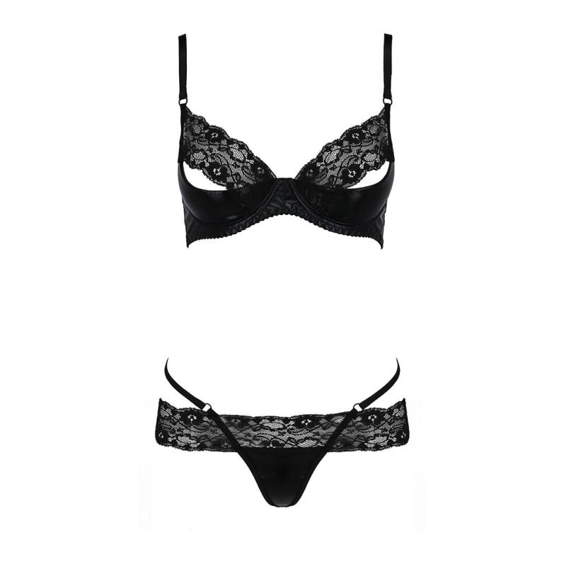 PS24008 Комплект білизни NORTH SET black S/M - Passion Exclusive: ліф и трусики з елементами під латекс