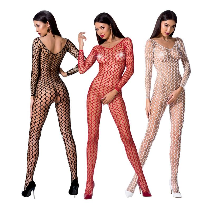 PBS068R Бодистокинг Passion BS068 red, комбинезон, крупная сетка, длинный рукав