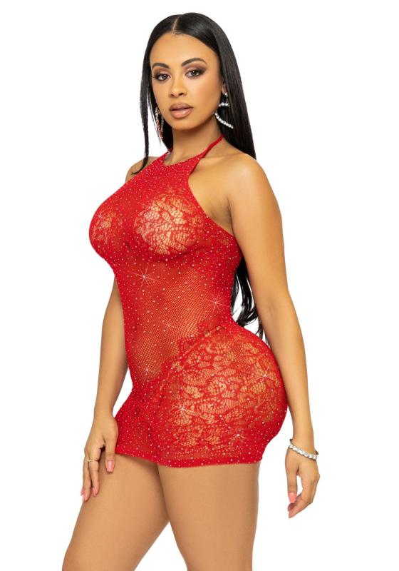 SO7958 Платье-сетка со стразами Leg Avenue Rhinestone halter mini dress Red, открытая спина, one size