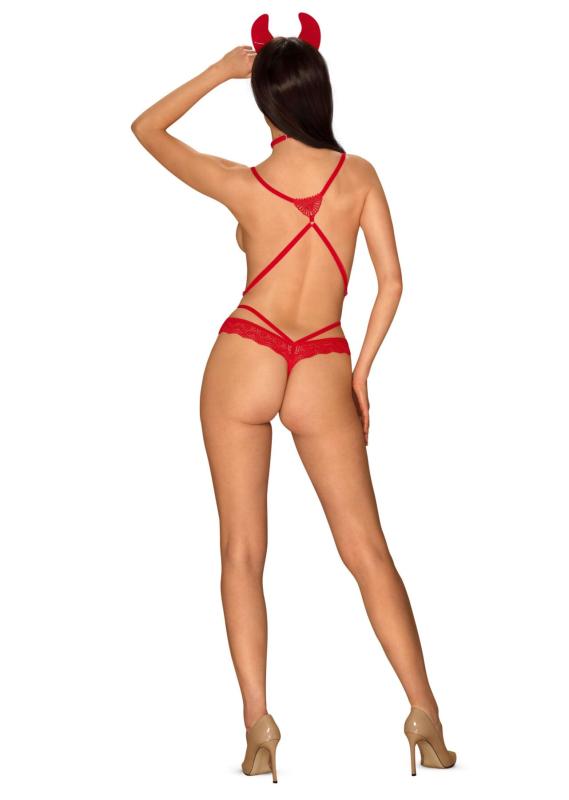 SO7706 Эротический костюм чертика из стреп Obsessive Evilia teddy red S/M, боди, чокер, накладки на соски,