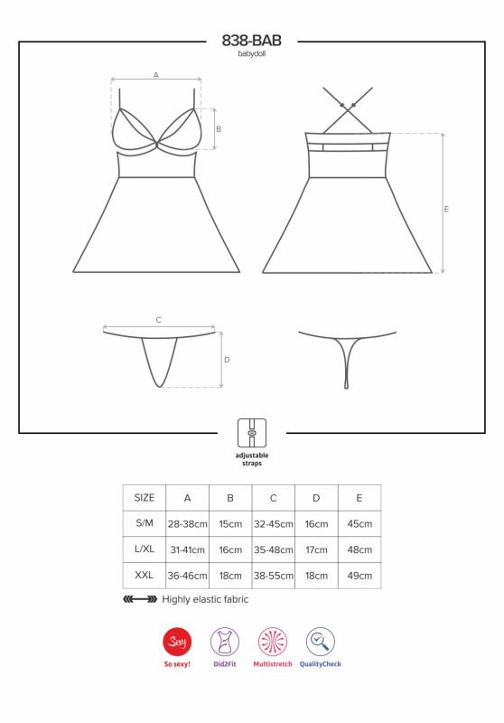 SO7183 Еротичний мереживний комплект із сіточкою Obsessive 838-BAB-1 babydoll & thong black XXL, чорний, пе