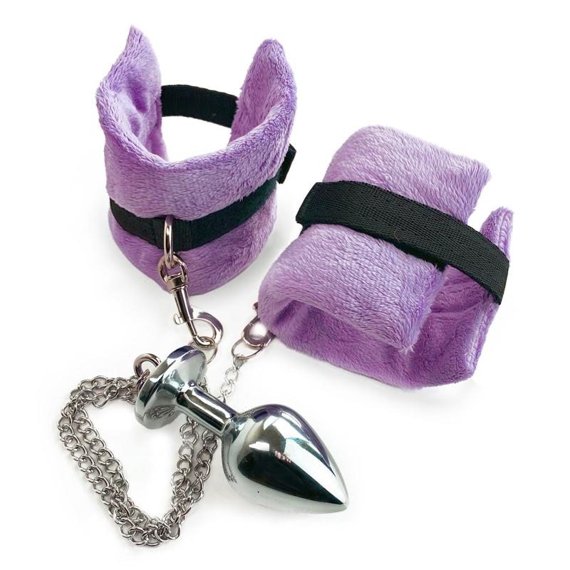 SO6183 Наручники з металевою анальною пробкою Art of Sex Handcuffs with Metal Anal Plug size M Purple
