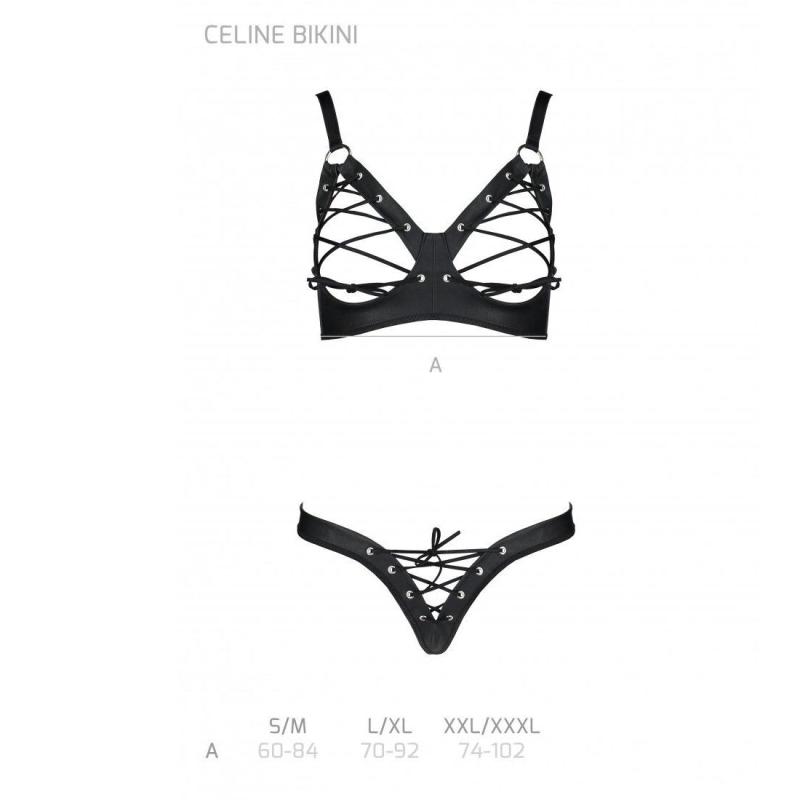 SO6401 Комплект из экокожи CELINE BIKINI black S/M — Passion: открытый бра с лентами, стринги со шнуровкой