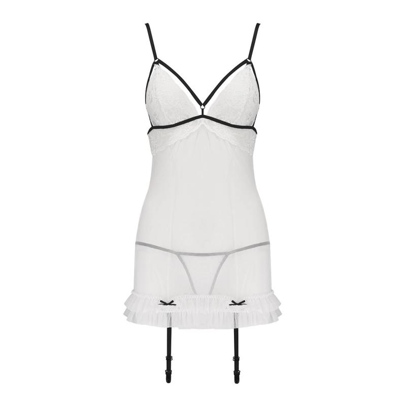 EL16405 Сорочка прозора з пажами ORIHIME CHEMISE white S/M - Passion, трусики, стрепи