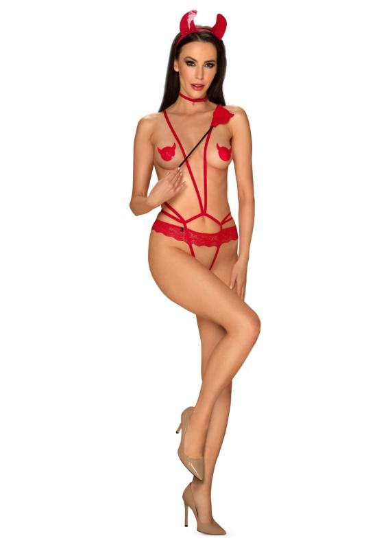 SO7706 Эротический костюм чертика из стреп Obsessive Evilia teddy red S/M, боди, чокер, накладки на соски,