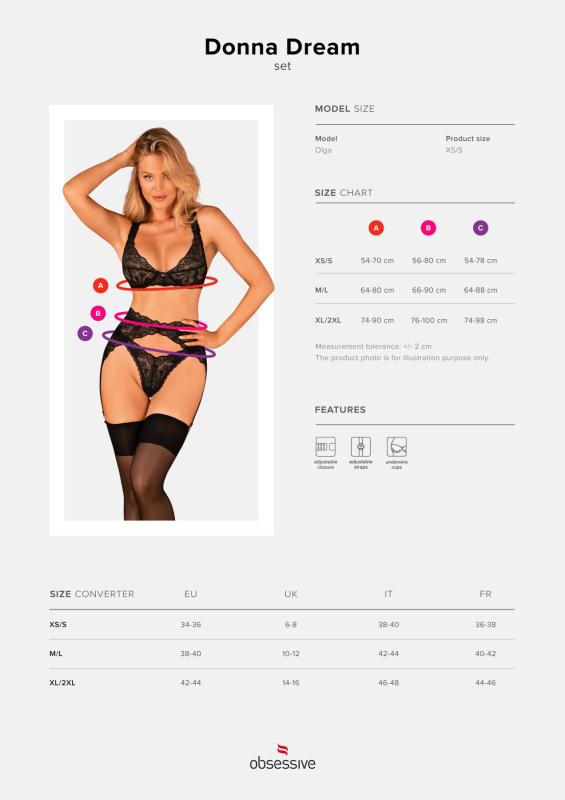 SO8636 Комплект белья Obsessive Donna Dream 3-pcs set XS/S Black, бюстгальтер, стринги, пояс для чулок