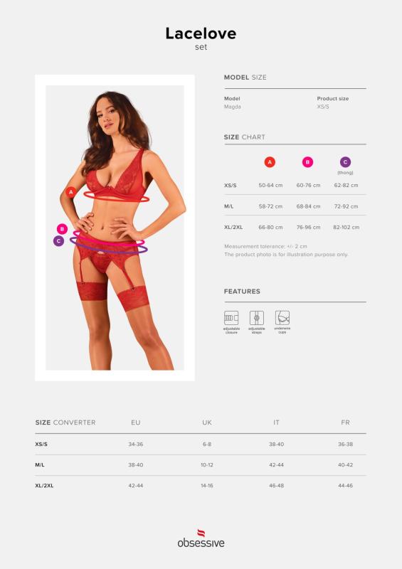 SO8656 Комплект белья Obsessive Lacelove cupless 3-pcs set M/L Red, бюстгальтер, стринги, пояс для чулок