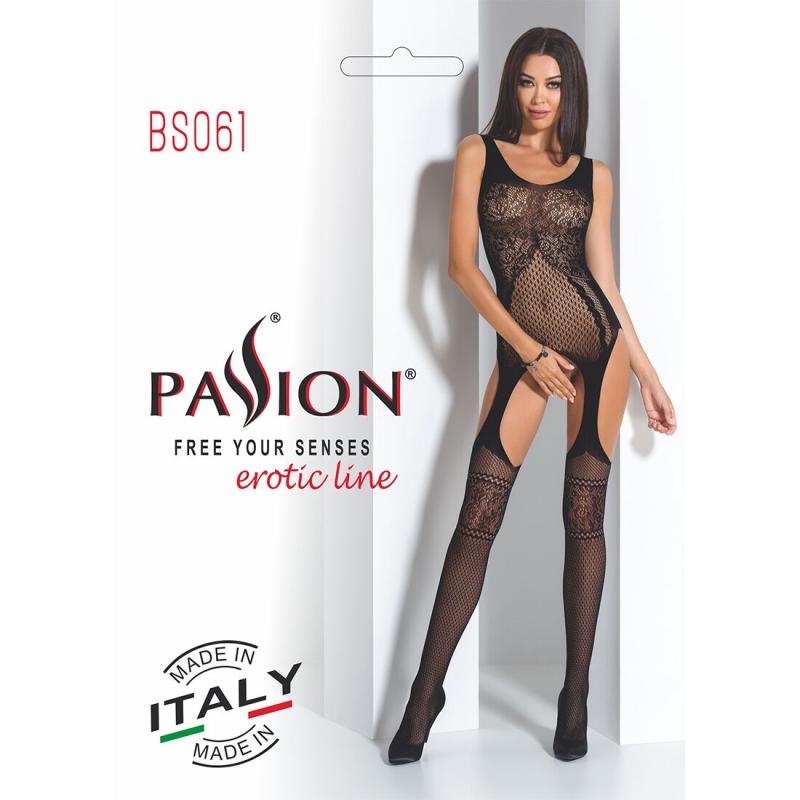 PBS061B Бодістокінг Passion BS061 black, комбінезон, імітація панчох