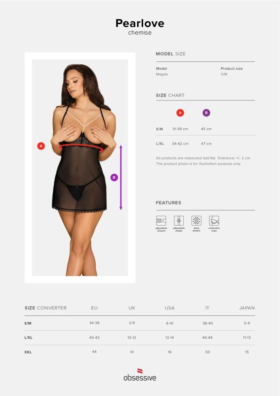 SO7877 Прозрачная сорочка с открытой грудью Obsessive Pearlove chemise & thong black S/M, трусики