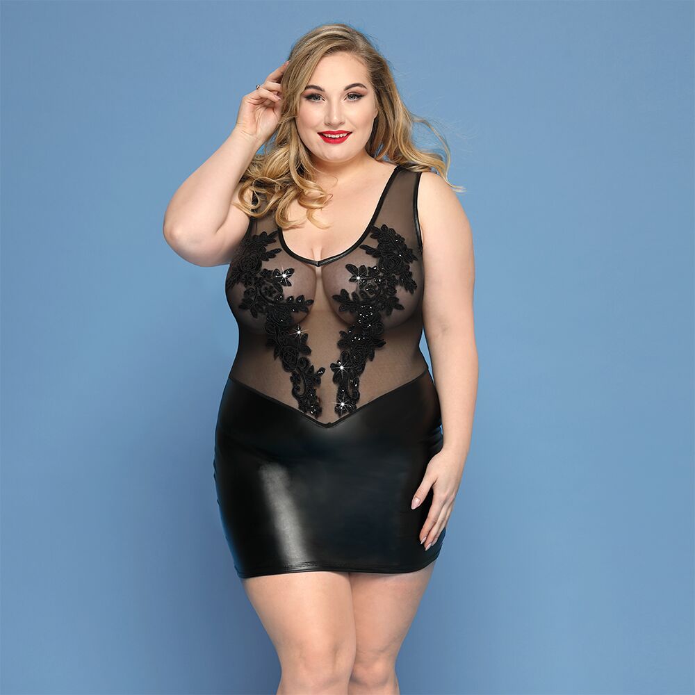 SO8386 Елегантна сукня JSY «Леді Софія» Plus Size, black, дрібна сітка, вишивка, екошкіра