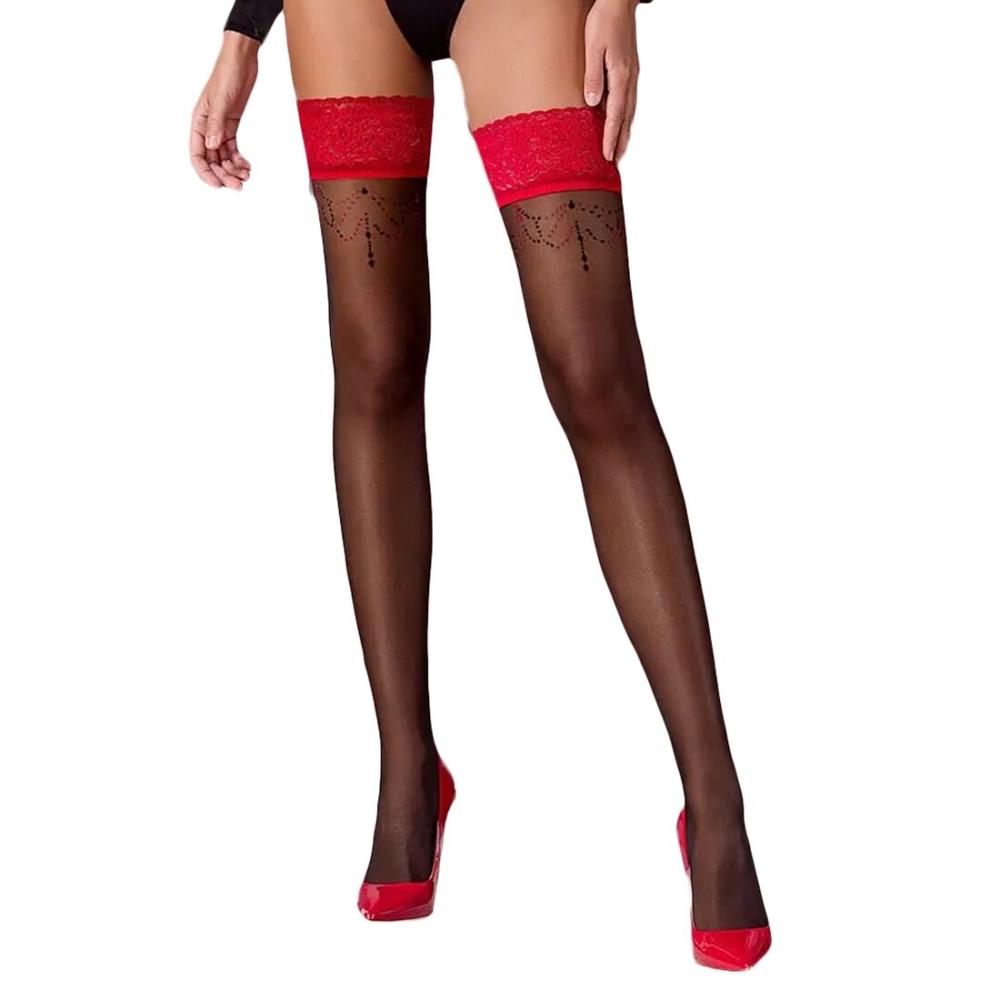SO5790 Панчохи Passion ST120 5 чорно-червоні, на ажурній силіконовій резинці, з вишуканим декором та люрекс
