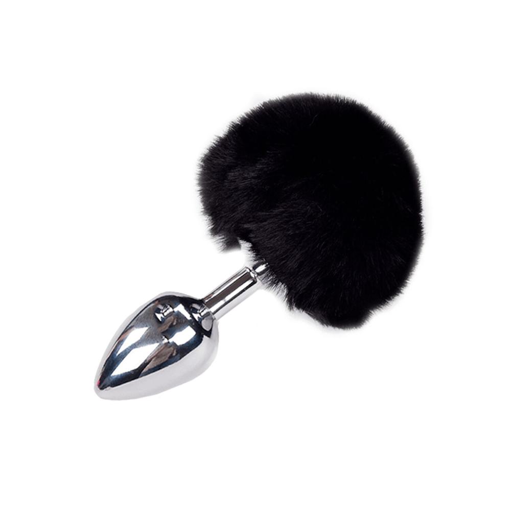 SO6315 Металева анальна пробка Кролячий хвостик Alive Fluffy Plug M Black, діаметр 3,4 см