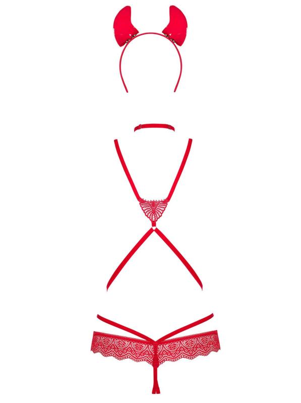 SO7706 Эротический костюм чертика из стреп Obsessive Evilia teddy red S/M, боди, чокер, накладки на соски,