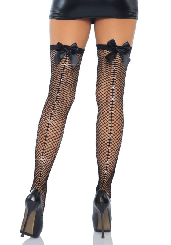 SO8600 Чулки-сетка со швом сзади Leg Avenue Bow back seam thigh highs One size Black, атласный бант