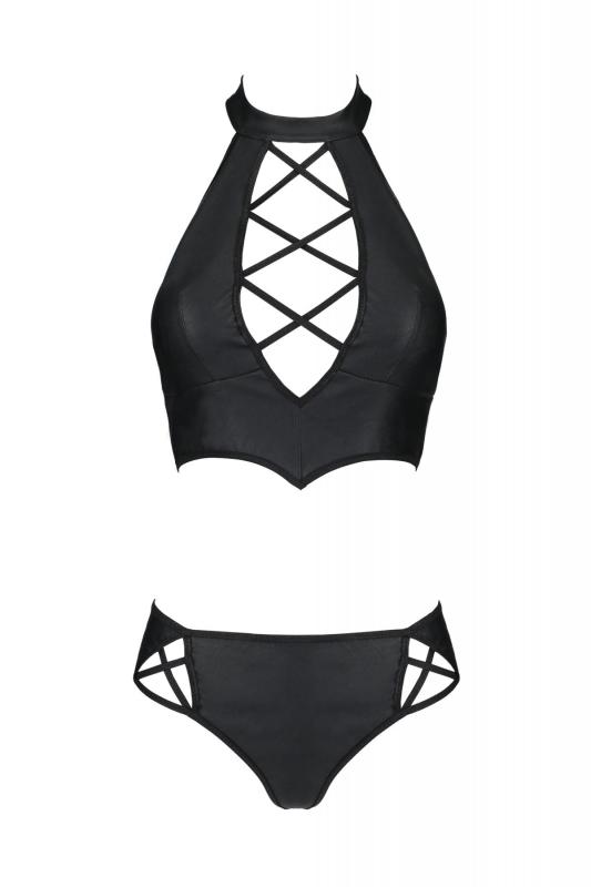 SO7103 Комплект з екошкіри Passion Nancy Bikini 6XL/7XL black, бра та трусики з імітацією шнурівки