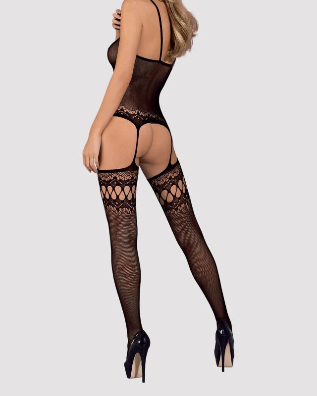 SO7224 Бодистокинг Obsessive Bodystocking F214 black S/M/L, имитация корсета и чулок на подвязках