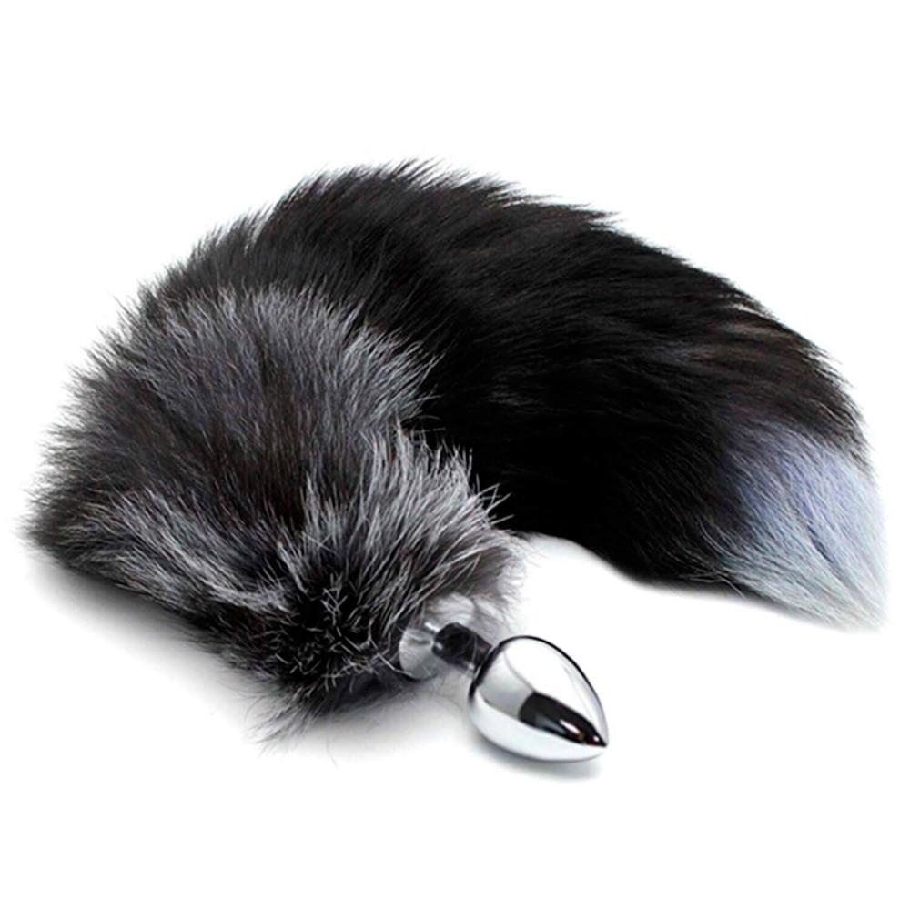 SO6322 Металлическая анальная пробка Лисий хвост Alive Black And White Fox Tail M, диаметр 3,4 см