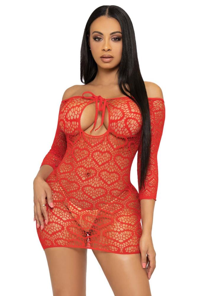 SO7885 Сукня-сітка з сердечками Leg Avenue Heart net mini dress Red, зав’язки, відкриті плечі, one size