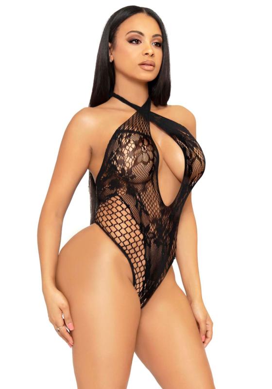 SO8557 Мереживне тедді Leg Avenue Lace and net halter teddy One size Black, глибокий виріз, халтер