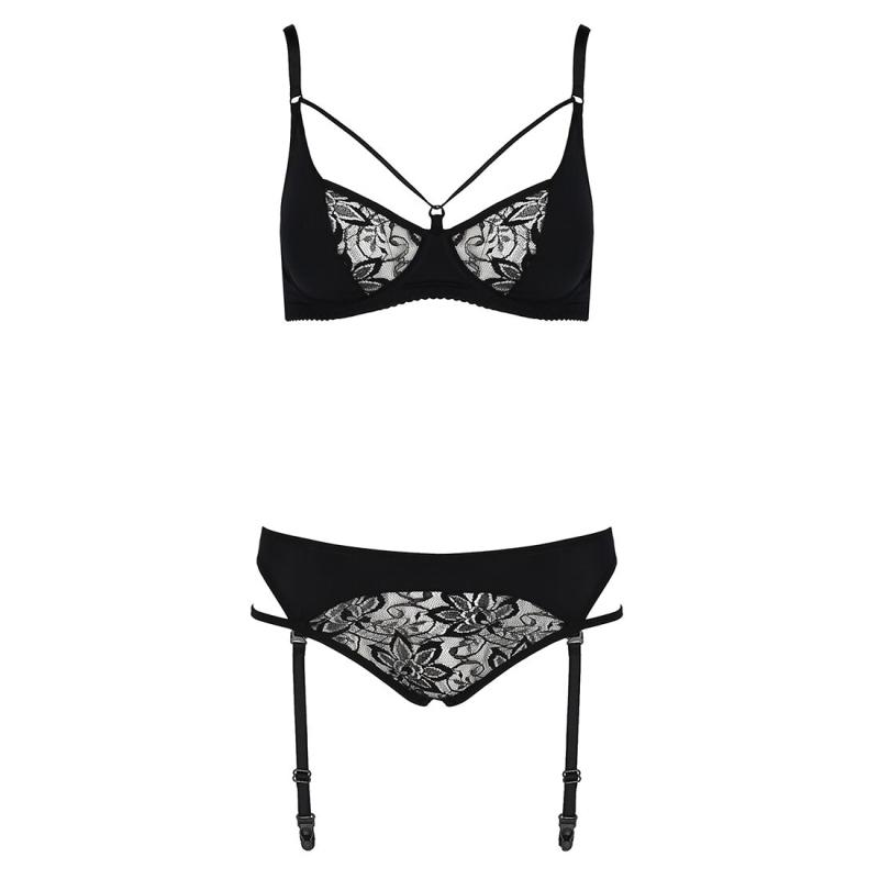 EL15804 Комплект білизни PAULINE SET black L/XL Passion: стрепи: ліф, стрінги і пояс для панчох