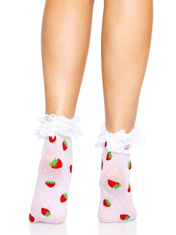 SO8583 Шкарпетки жіночі з полуничним принтом Leg Avenue Strawberry ruffle top anklets One size, мереживні м