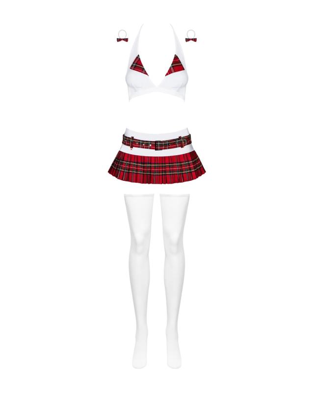 SO7305 Еротичний костюм школярки з мініспідницею Obsessive Schooly 5pcs costume L/XL, біло-червоний, топ, с