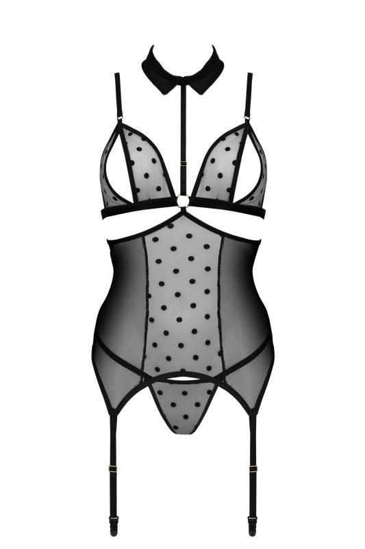 SO8435 Корсет з відкритими грудьми Passion DOMINICA CORSET XXL/XXXL black, пажі для панчіх, стрінги