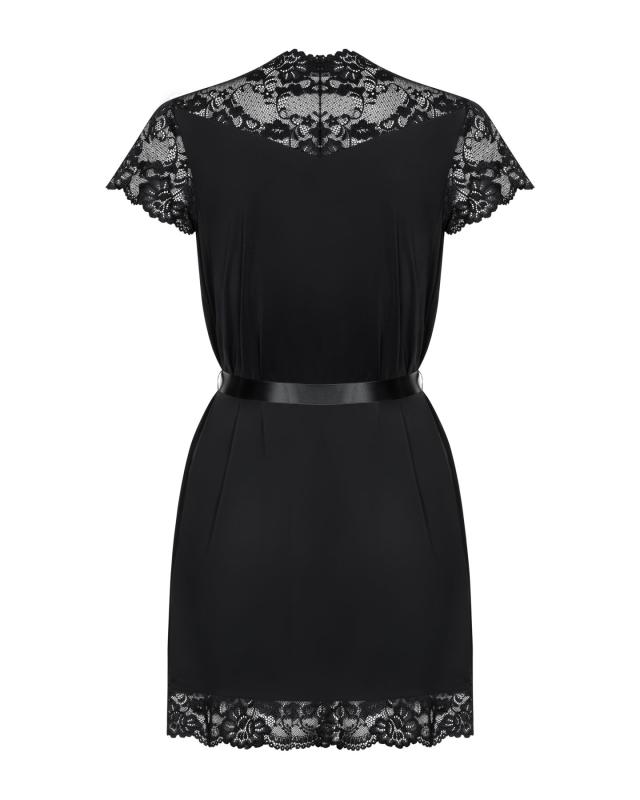 SO7160 Сатиновий відкритий пеньюар на поясі Obsessive 810-PEI–1 peignoir black S/M, чорний