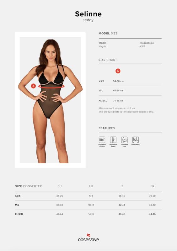 SO8666 Прозоре боді Obsessive Selinne teddy XL/2XL Black, дрібна сітка, подвійні бретелі