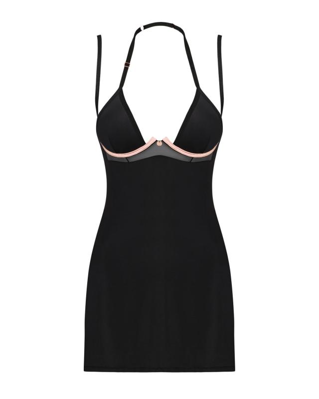 SO8671 Сорочка Obsessive Selinne chemise & thong M/L Black, стрінги, подвійні бретелі