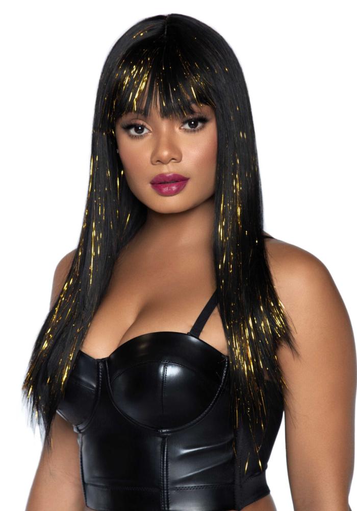 SO7940 Чорна перука із золотими пасмами Leg Avenue Long bang wig with tinsel, 60 см