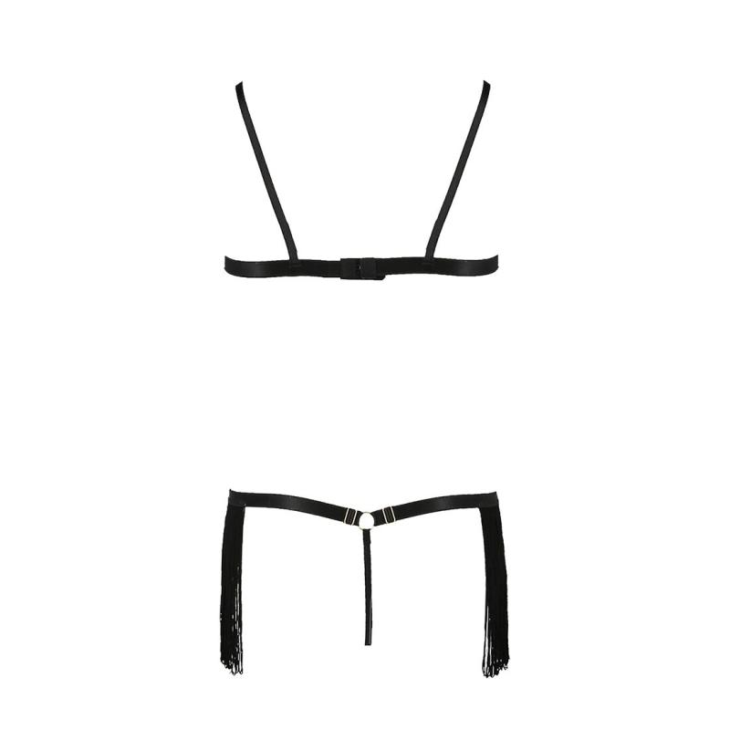 PS26303 Комплект білизни KASSANDRA SET OpenBra black XXL/3XL - Passion Exclusive: ліф з бахроми, трусики-спі