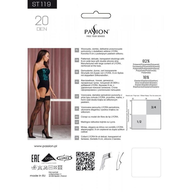 SO5781 Панчохи Passion ST119 5 чорні, на ажурній силіконовій резинці, з квітковим декором та люрексовою нит