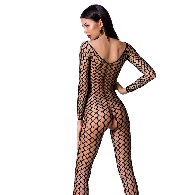 PBS068B Бодістокінг Passion BS068 black, комбінезон, велика сітка, довгий рукав