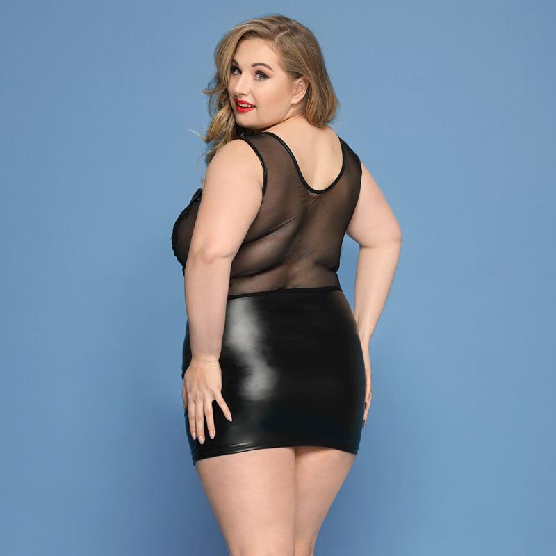 SO8386 Елегантна сукня JSY «Леді Софія» Plus Size, black, дрібна сітка, вишивка, екошкіра