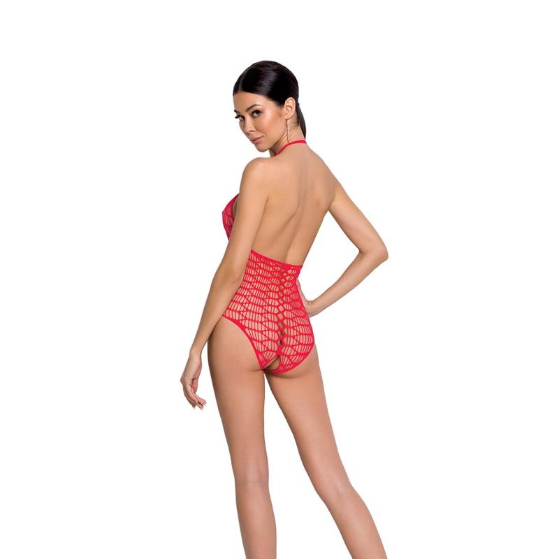 SO6380 Бодістокінг у велику сітку Passion BS087 red, відкрита спина, халтер, з доступом