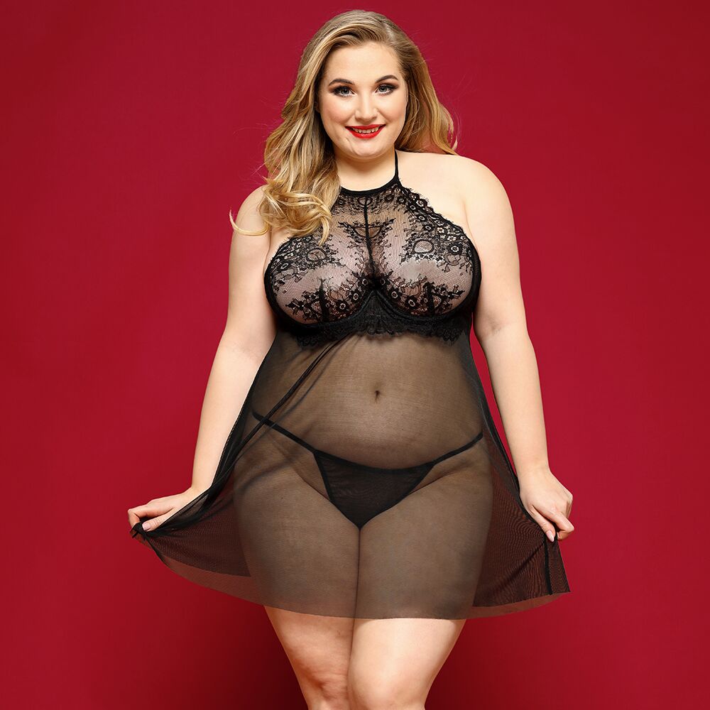 SO8385 Сорочка бебі-дол JSY «Пристрасна Ліліт» Plus Size, Black, халтер, дрібна сітка, мереживо, стрінги