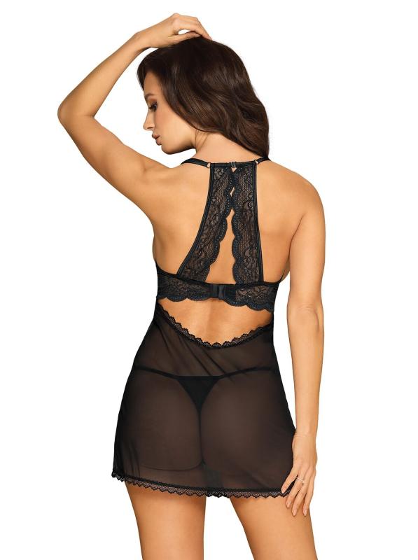 SO7877 Прозора сорочка з відкритими грудьми Obsessive Pearlove chemise & thong black S/M, трусики